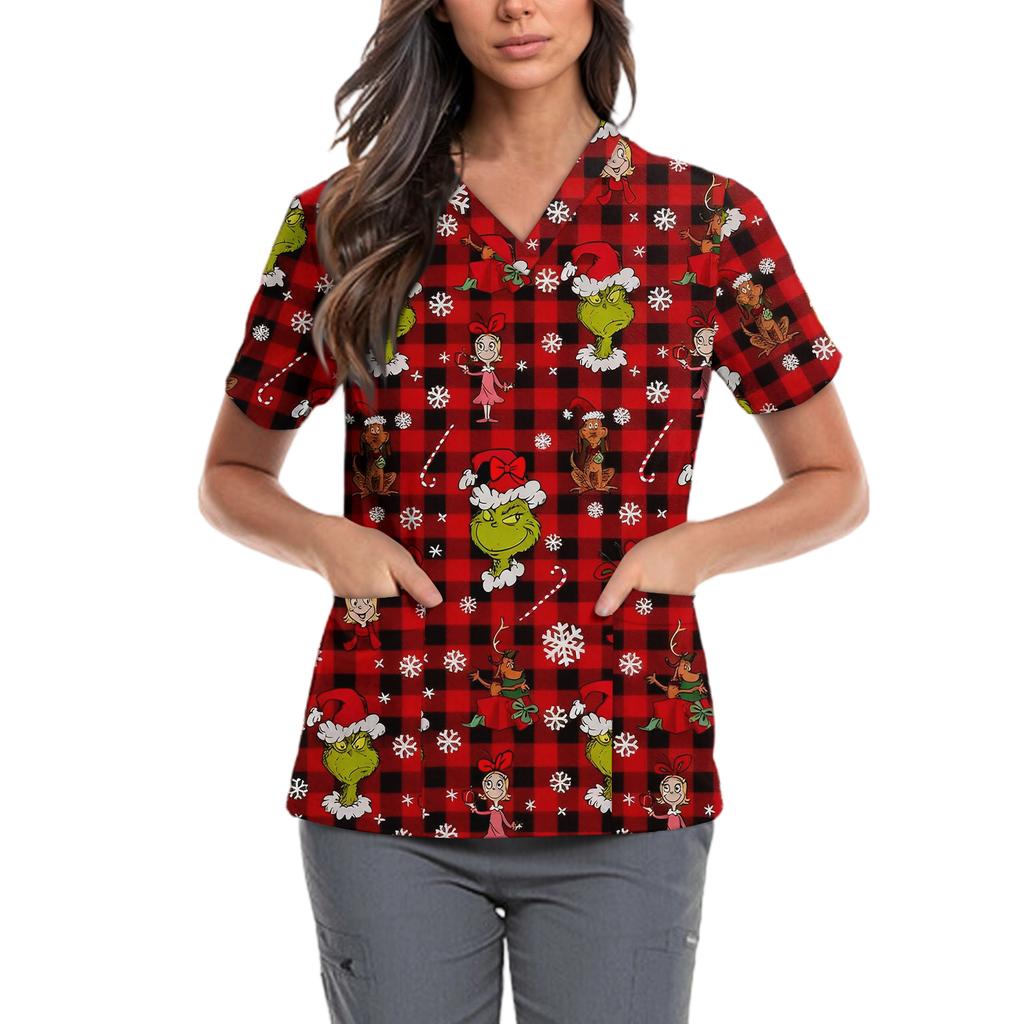 Roupa de Trabalho Feminina Fofa Estampada com Laço Decote V Bolsos Dupla Camada Blusa Básica de Manga Curta Pulôver