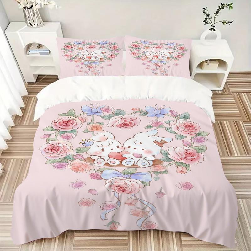 3-teiliges gestepptes Bettwäsche-Set mit Love Flowers & Bunnies-Druck - Weiche und bequeme Bettbezüge für Schlafzimmer, Gästezimmer und Wohnheime Dekorative Bettwäsche Se