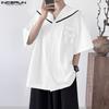 INCERUN Oversized Men Naval Collar Short Sleeve Stitching Casual Loose Shirts Tops
