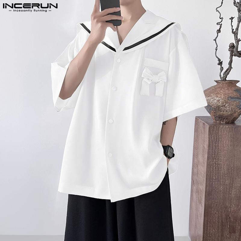 INCERUN Oversized Men Naval Collar Short Sleeve Stitching Casual Loose Shirts Tops