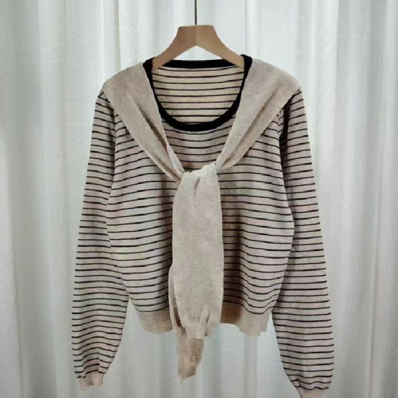 Round-neck Striped Knitted Sweater Shawl, Two Pieces of New Spring and Autumn Short Loose Casual Sweater Base Layer