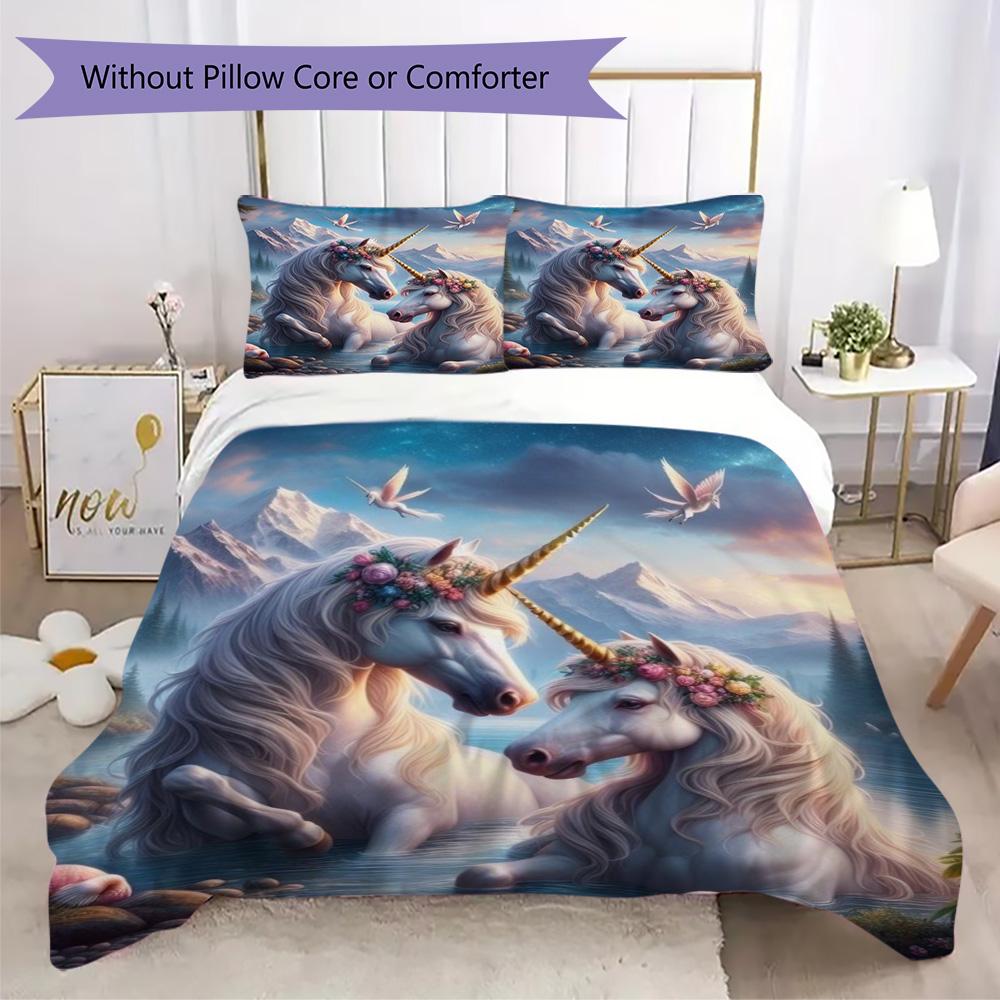 

Pink Unicorn & Rose Print Bedding Set, Fantasy Duvet Cover Set (1 * duvet cover + 2 * pillowcase, without core) 135x200cm