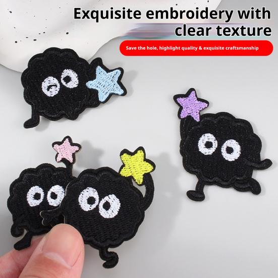 baizihuahu 6 Pcs Cartoon Embroidered Patches, Iron on Sew Decorative Appliques, Cute Black Ball Patches for Clothes Bags Hats Repairing Holes