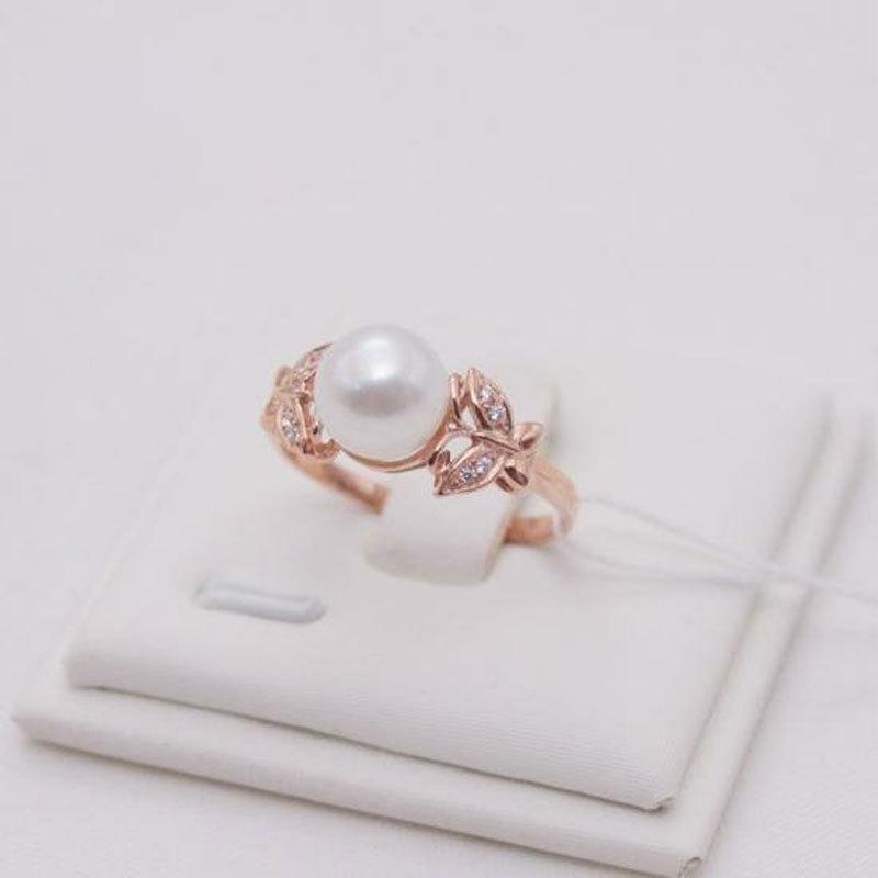 Color Gold Inlaid Pearl Ring Russian Color Gold Beautiful 585 Purple Gold Plated Rose Gold Live Ring