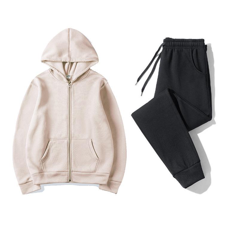 Autumn and Winter Zipper Shirt Hooded Sweater Sweatpants Set Sportswear, Solid Color Couple Hoodie, Sweater Set
