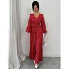 Damen V-Ausschnitt Langarm Plissierter Jumpsuit Mit Taillengürtel Eleganter Weiter Bein Romper