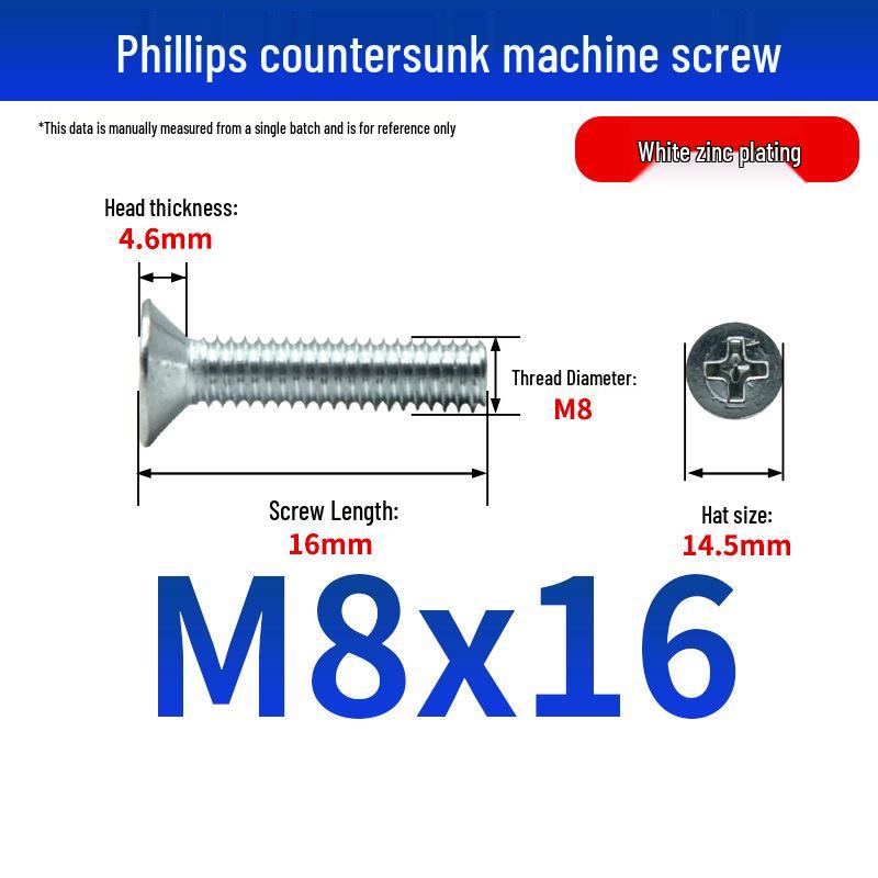 White Zinc Plated Cross Recessed Countersunk Head Screws & Bolts, Machine Thread, M3-M12