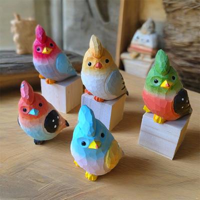 Hand-Carved Bird Sculpture Solid Wood Ornaments Miniature Desk Decor for Home Study Office