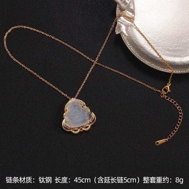 

Vintage Maitreya Buddha Imitation Grandmother Green Jade Lotus Zircon Light Luxury Fashion Accessory Lucky Ruyi Necklace