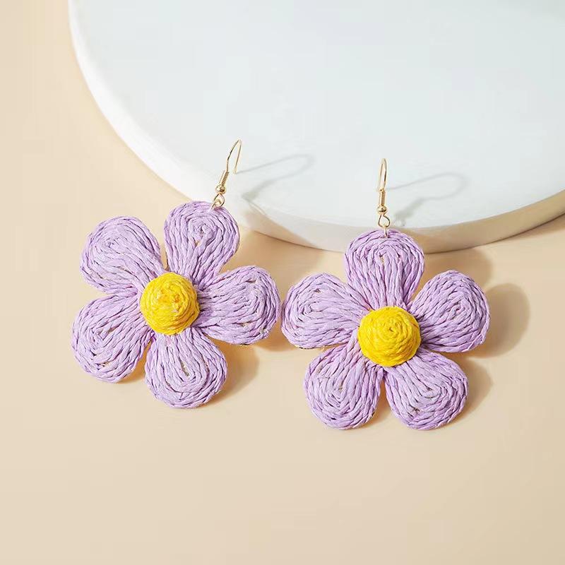 Sweet Wind Puff Flower Earrings Feminine Niche High-Quality Rattan Ear Hook Jewelry