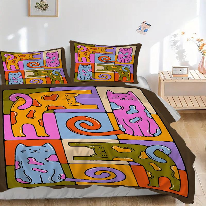 

3 шт. Комплект постельного белья с разноцветными кошками - 1 пододеяльник + 2 наволочки(Ядро не включено), Машинная стирка, Полиэстер, Комфорт в любое время года, Спальня D 135x200cm