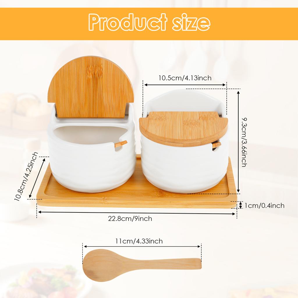 2Pcs Ceramic Seasoning Jar with Lid Spoon Seasoning Box for Sugar Salt Spice Bottle Container with Serving Tray Kitchen Supplies