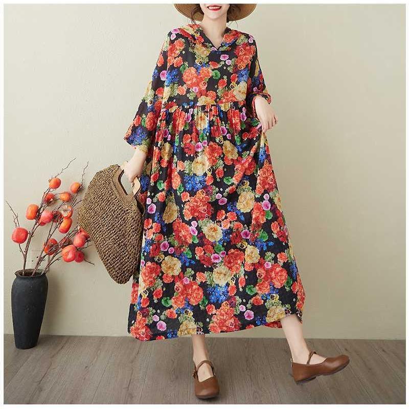 Ladies' Retro Niche Cloud Brocade Yarn Cotton Linen Hooded Printed Dress