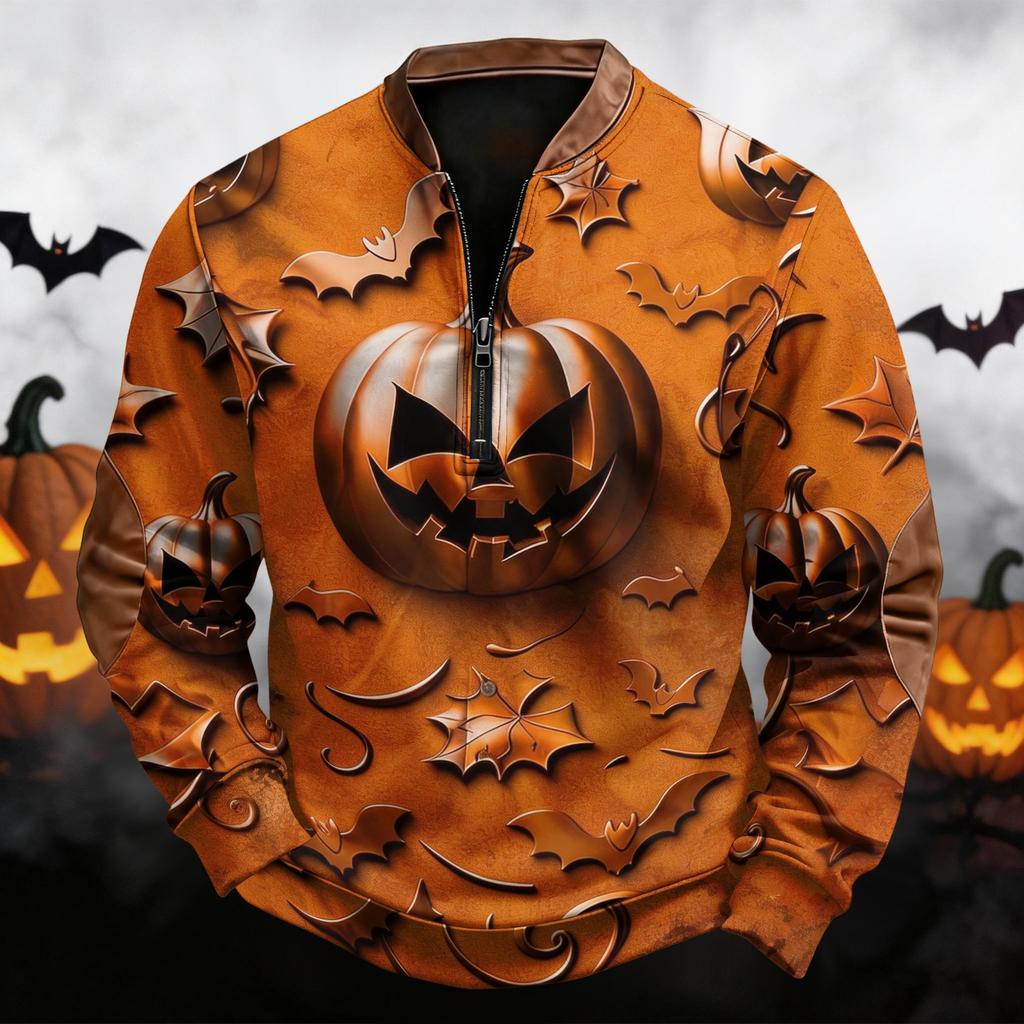 Men's Casual Retro Half Zip Long Sleeve Sweatshirt with Halloween Print