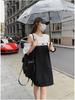 Women's Contrast Stitch Off-Shoulder Dress - Belly-Covering, Age-Defying, Slimming, Casual French Style, Summer Petite Skirt