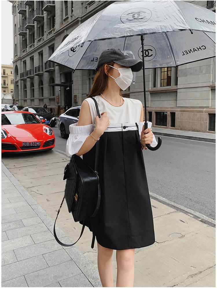 Women's Contrast Stitch Off-Shoulder Dress - Belly-Covering, Age-Defying, Slimming, Casual French Style, Summer Petite Skirt