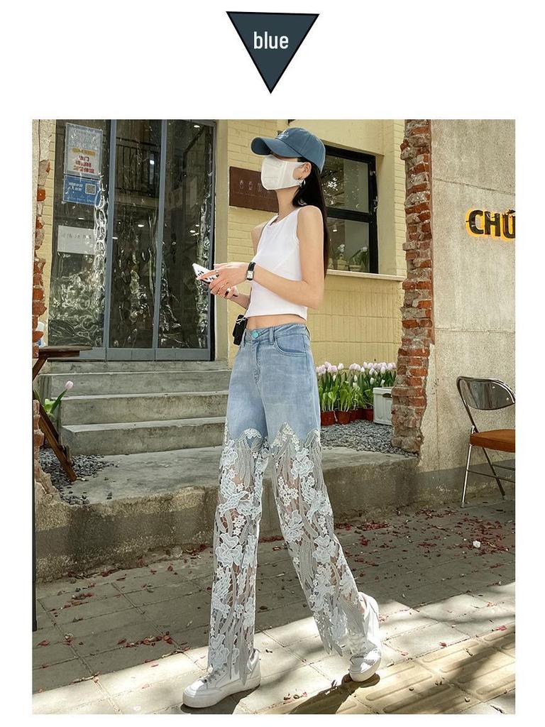 Women's Retro Lace Patchwork Straight-Leg Jeans - Slimming, Casual, Cross-Border Design Style.