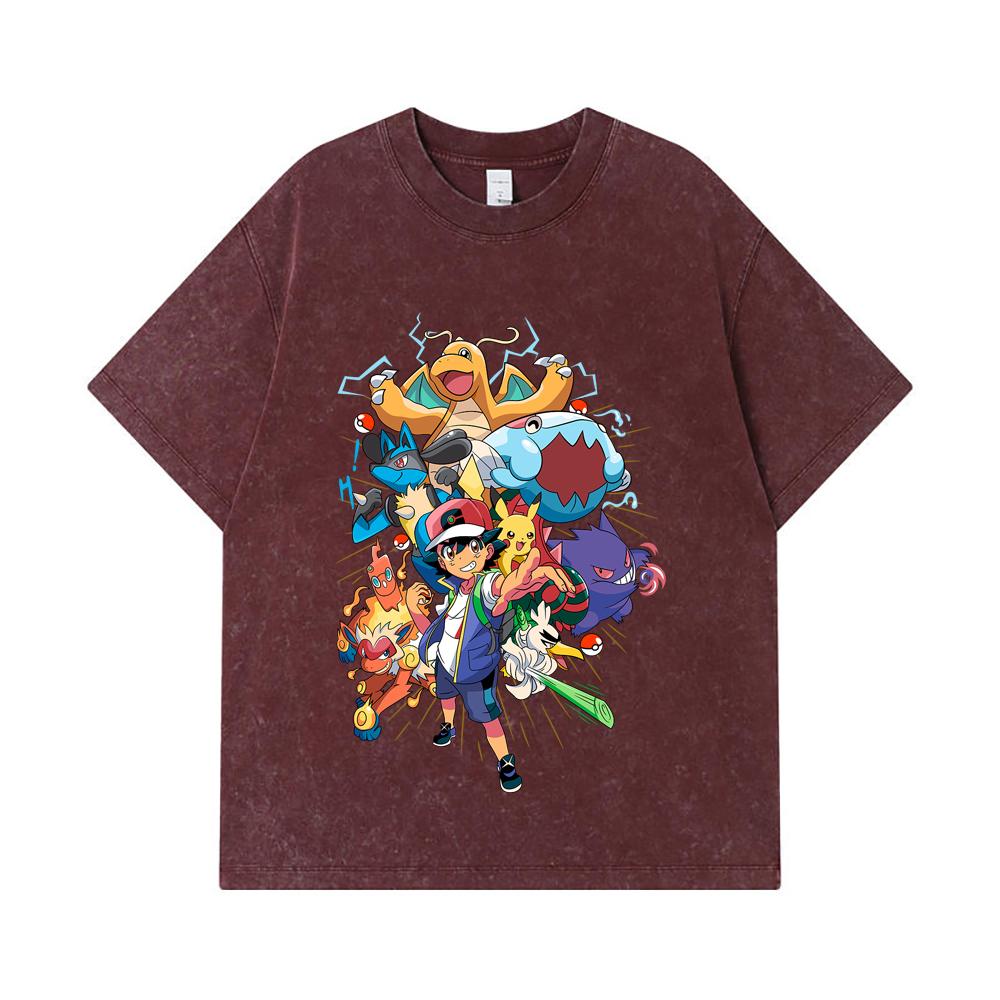 275 GSM Washed T-shirts 100% Cotton Pokemon V20 Print Unisex Heavy Cotton T Shirt