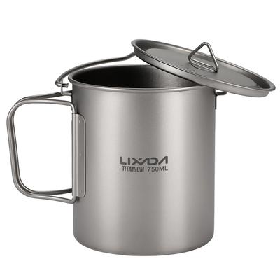 Taza de agua de titanio portátil ultraligera de 750ml con tapa y mango plegable para exteriores