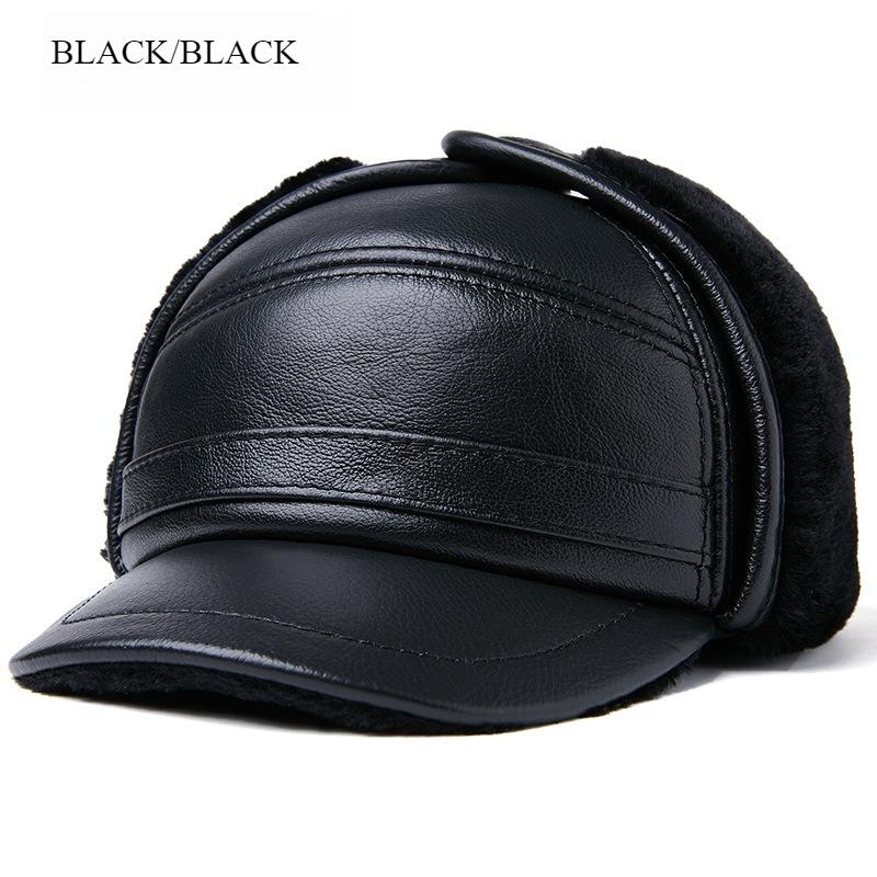 Men Genuine Leather Winter Hat Thick Warm Trapper Cap with Fur Ear Flaps Outdoor Windproof Bomber Aviator Hat Brown for Elderly