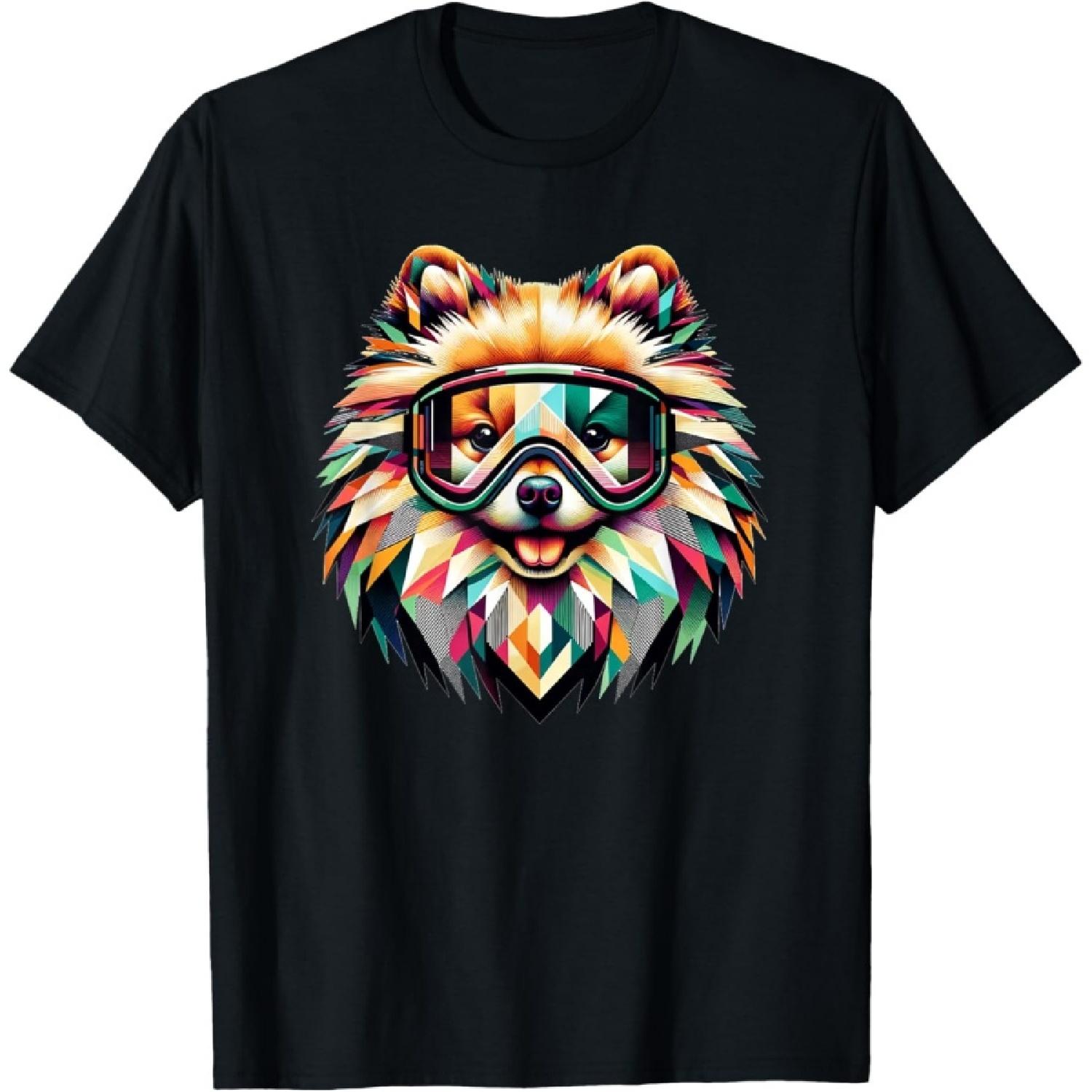 Pomeranian Dog Wearing Ski Snowboard Goggles Geometric Style T-Shirt S