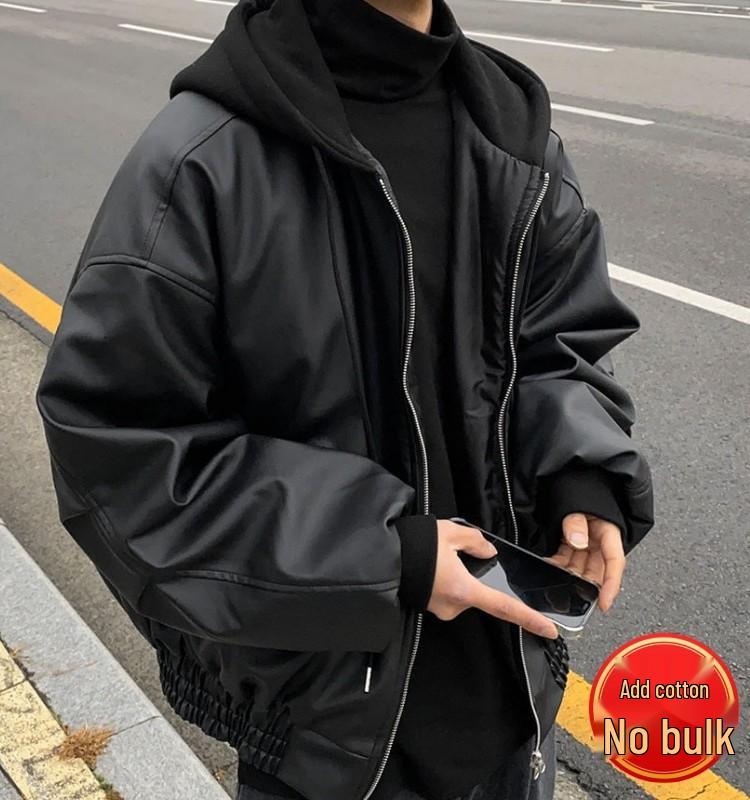 Men's American High Street Rapper Style PU Leather Hooded Jacket - Casual, Loose Fit, Cotton-Insulated Motorcycle Outerwear