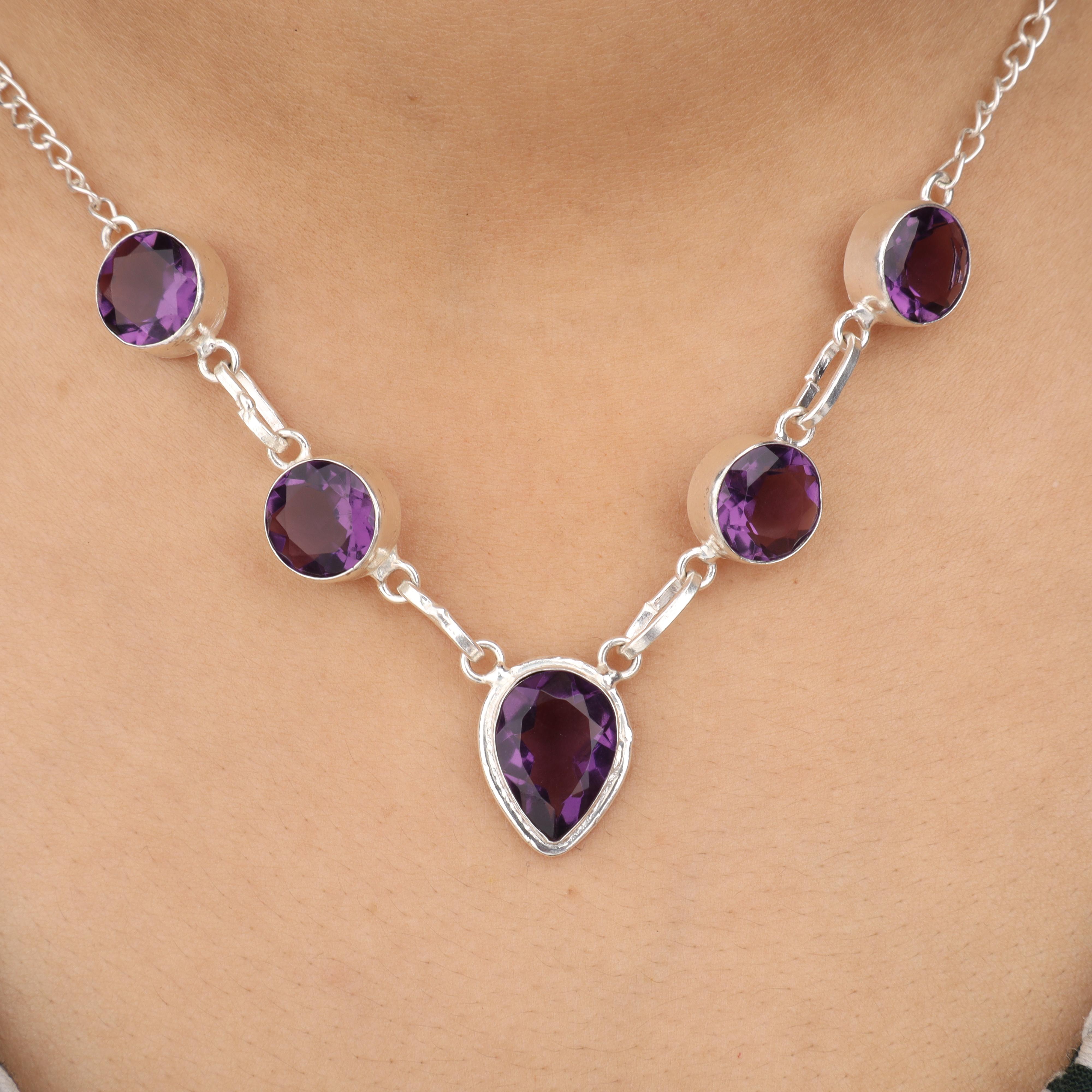 

Натуральный Аметист Драгоценный Камень 925 Стерлинговое Серебро Ручной Работы Женские Ювелирные Изделия Дизайнерское Ожерелье 16-18 Для Подарка RN-3-6