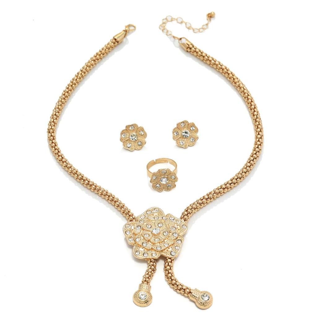 Elegant Floral Rhinestone Jewelry Set: Necklace, Bracelet, Earrings, Ring