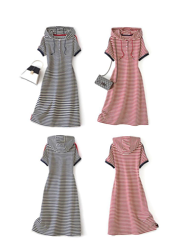 Sommer 2023 Damen Kurzärmeliges Elegantes Gestreiftes Kapuzen-Midikleid