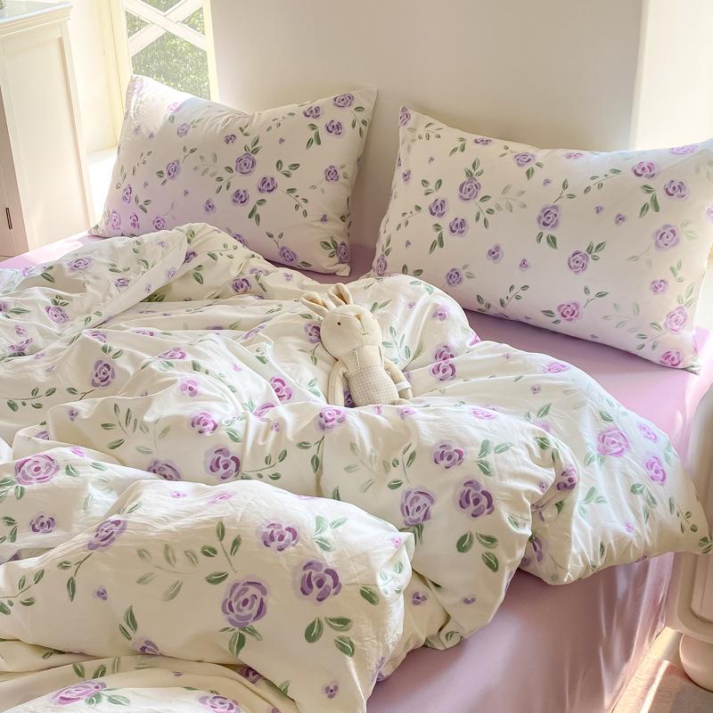 Class A Small Floral Cloud-like Cotton Bedding Set - Includes Duvet Cover, Sheet, Bed Skirt (3 pcs)