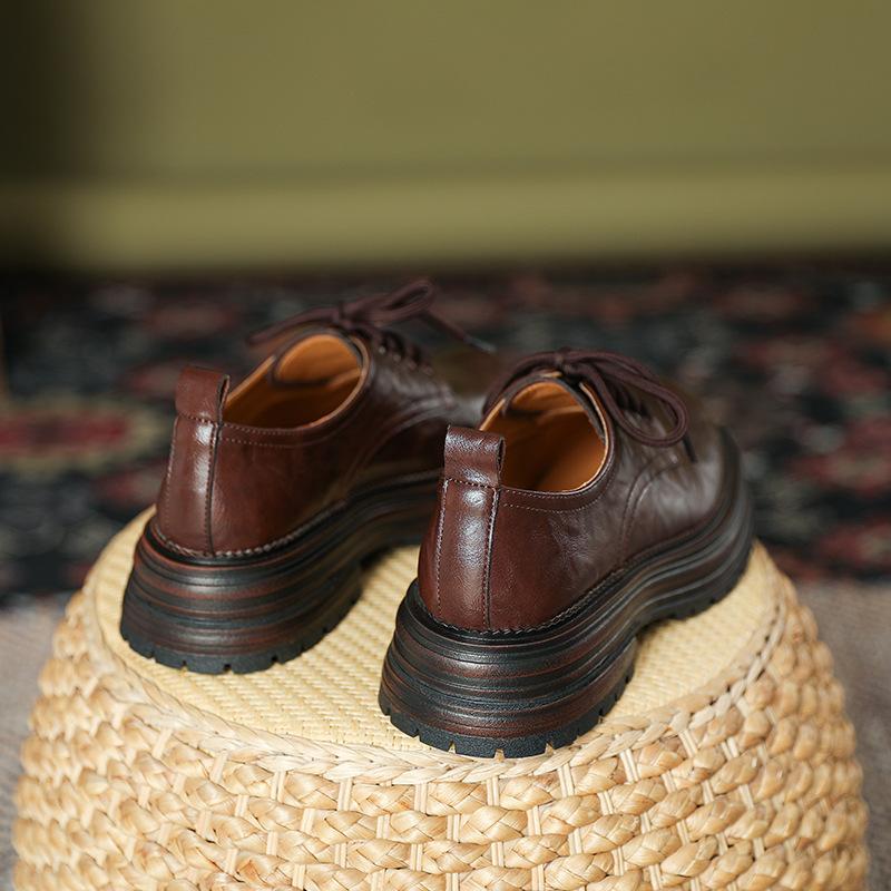 Small Leather Shoes Women's 2025 Spring Lace-up Retro British Style Round Head Thick Heel Single Shoes High-end Polished Loafers