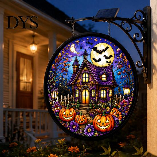 Entryway Holiday Decor Solar Halloween LED Hanging Sign Light, Outdoor Waterproof Lighted Handcrafted Resin Signs for Porch Yard Garden Halloweens