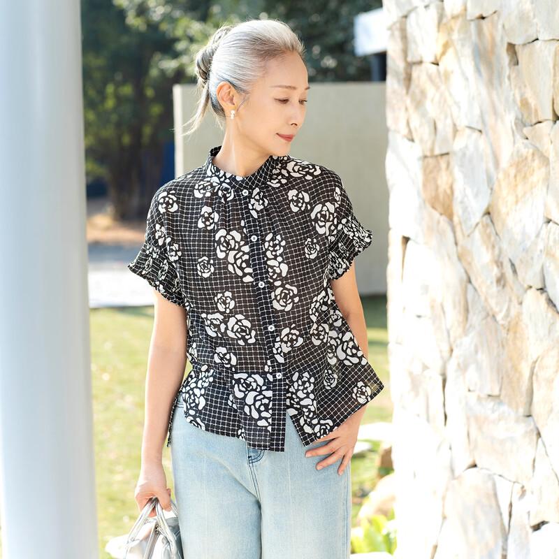 Pure Cotton Floral Short Sleeve T-Shirt for Middle-Aged Women