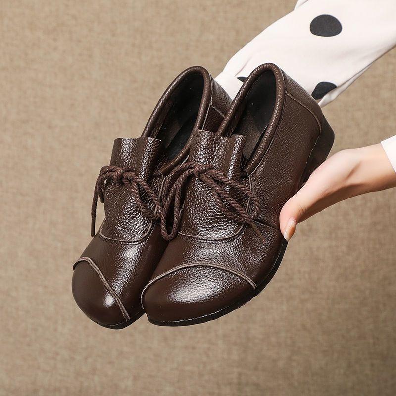 Leather beef tendon soft sole non-slip single shoes women's autumn new flat bottom retro mother women's shoes comfortable casual shoes