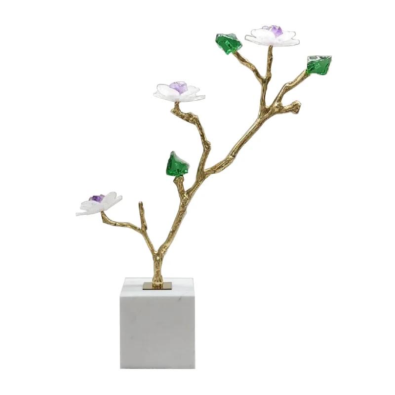 Natural Crystal Flower Metal Tree Golden Branches Crystal Sculpture Metal Figurine Marble Home Decoration Accessories