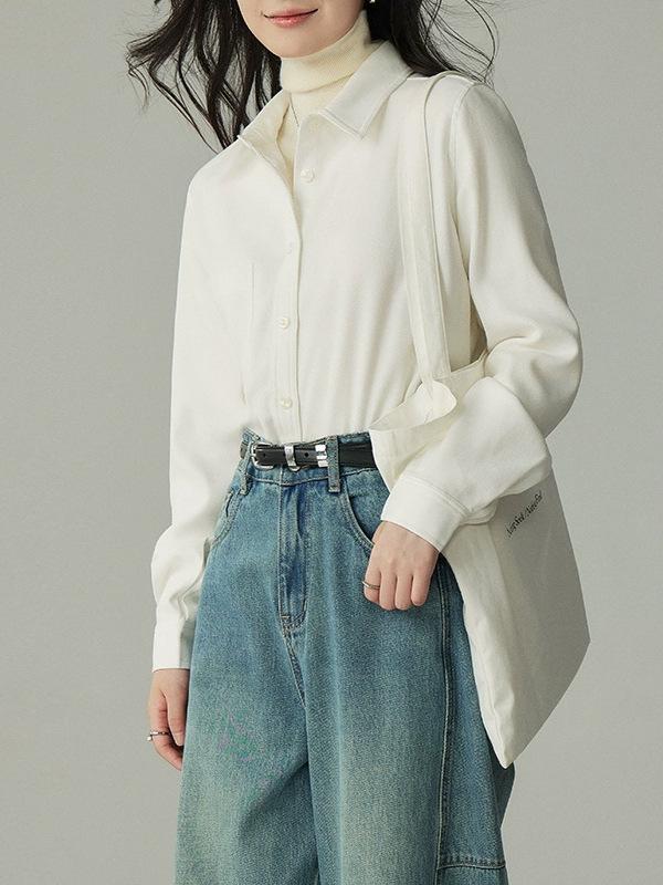 Milk White Brushed Long-Sleeve Women's Shirt – Professional Commuting & Interview Wear, Autumn/Winter Layering, Thickened Inner Wear