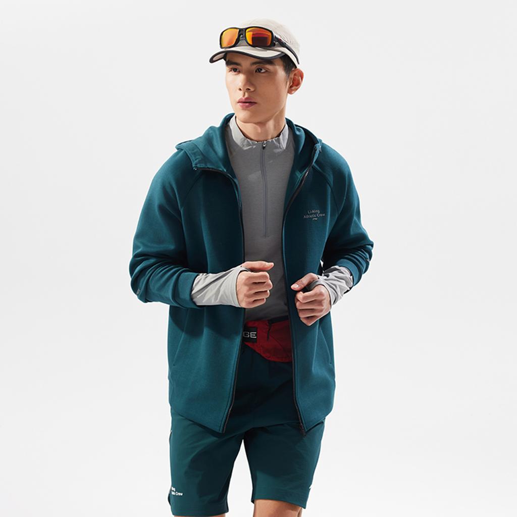 Li Ning Fitness Series Sports Casual Simple Solid Color Ice Silk Quick Dry Cool Hooded Zipper Sweatshirt Men Sweatshirt Dark-Reef-Green AWDV801-3
