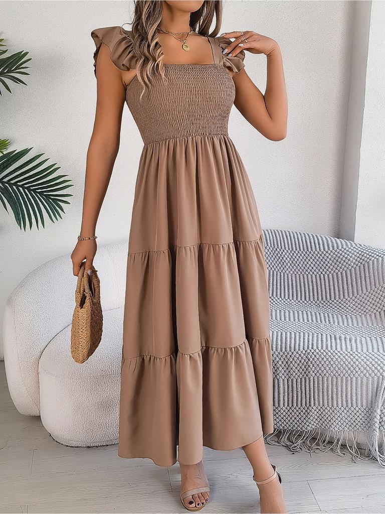 Square Neck Solid Color Dress High Waist Elegant Ruffle Edge Dress for Women Sleeveless Loose Dresses Causal Dress