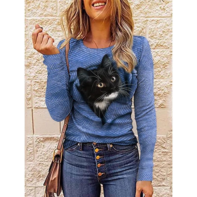 3D Cat Printed T-shirts Fashionable Casual Long Sleeved Women's T-shirts - Soft Medium Stretch Polyester Fabric Spring and Autumn Relaxed Fit Clothing