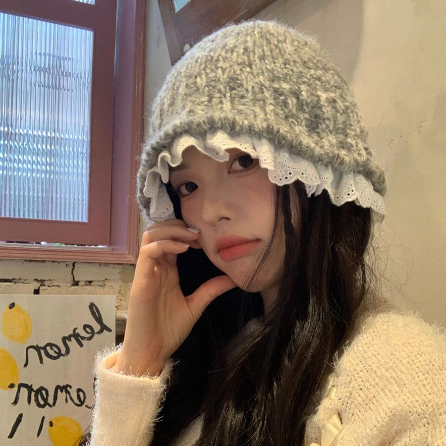 Lazy wind gray knitted hat women's autumn and winter literary lace wool bucket hat showing small face warm pot hat