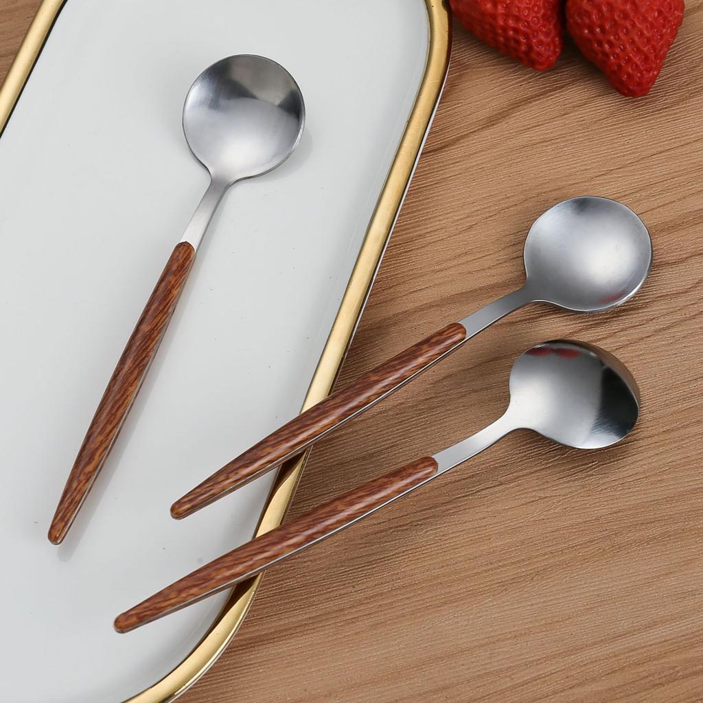 4pcs Creative Stainless Steel Spoon Fork Knife Wood Grain Portable Cutlery Set Thickened Western Tableware Dessert Spoon