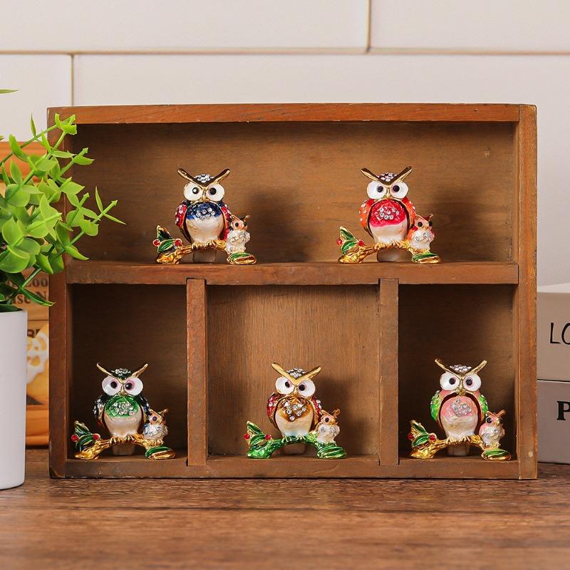 Owl Jewelry Box Small Figurine, Metal Handicraft, Luxury and Retro Style, Desktop Jewelry Box Figurine