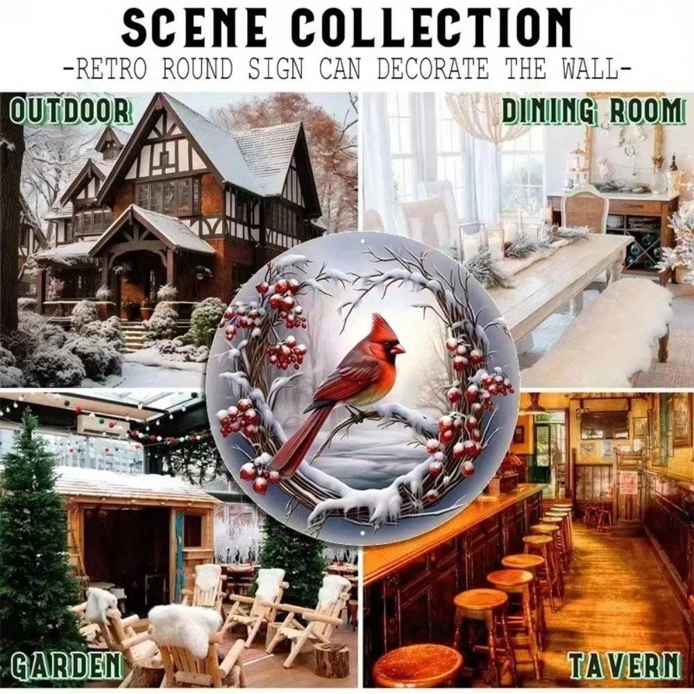 Christmas Red Grey Bird Wreath Metal Door Sign 8x8 Inch Aluminum Wall Decor Winter Home Kitchen Hanging Plaque