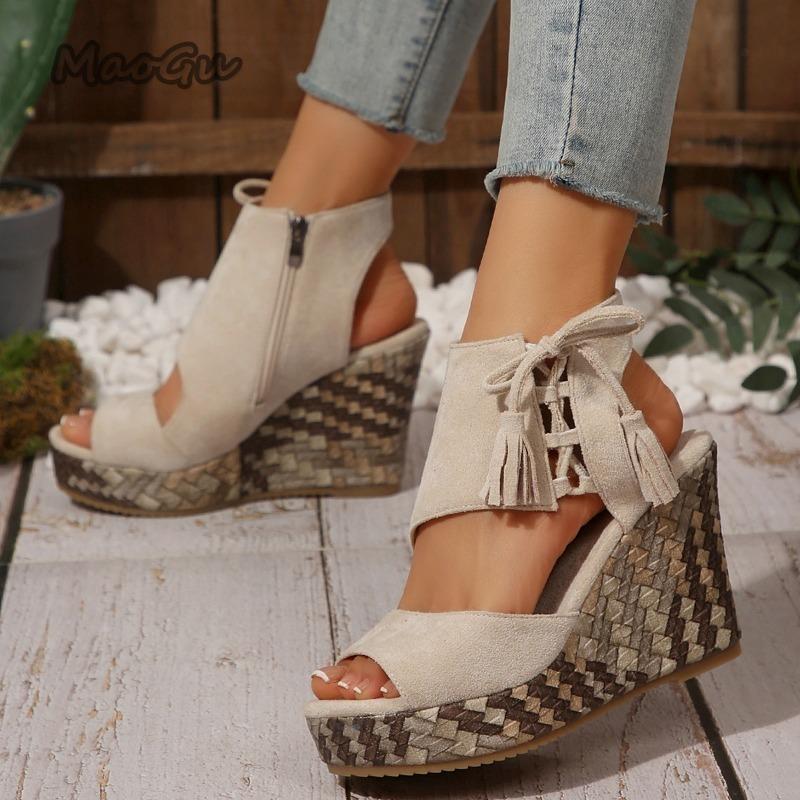 Fashion High Heel Platform Sandals for Women Footwear Fringe Decor Side Zipper Fish Mouth Thick Bottom Shoes Wedge Sandalias Femininas