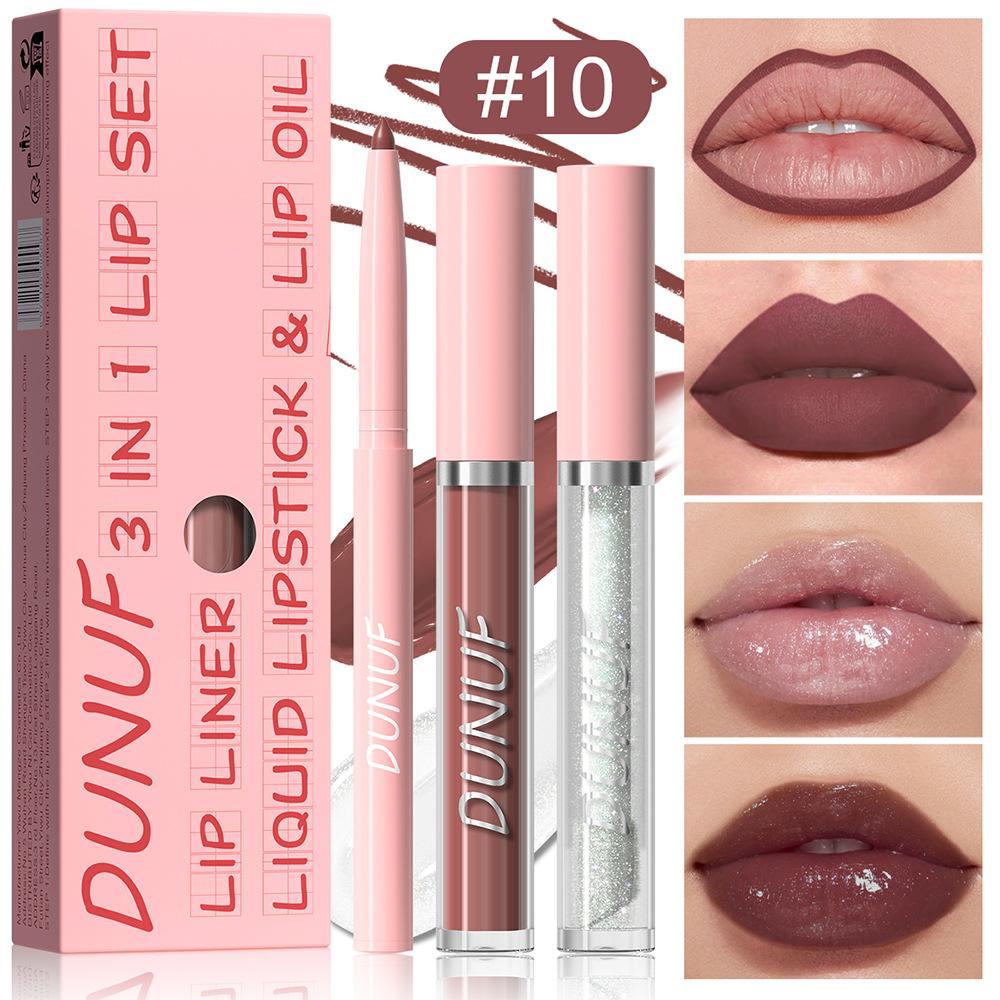 3Pc Velvet Matte Lipstick Pen Nude Brown Lip Liner Pencil Kit Rose Red Matte Lipliner+Lip Gloss+Lip Oil Set Waterproof Lips Tint