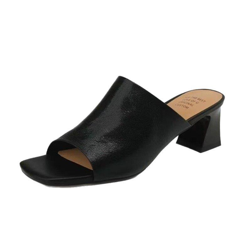 Retro one-word with short-heeled cool slippers 2025 spring new open-toed outer wear single shoes and high-heeled slippers women