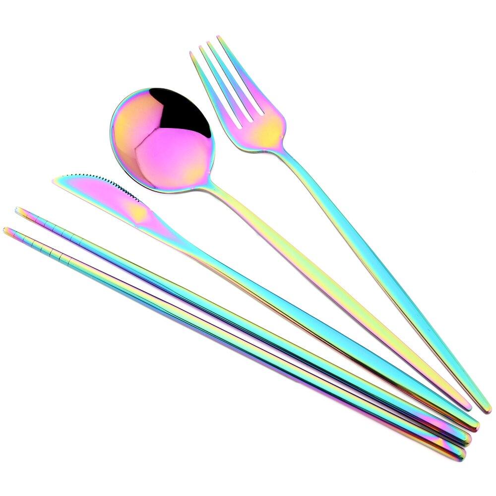 8Pcs/Set Portable Stainless Steel Dinnerware Set Travel Camping Spoon Fork Knife Chopsticks Straws Brush Tableware Flatware Set with Storage Bag