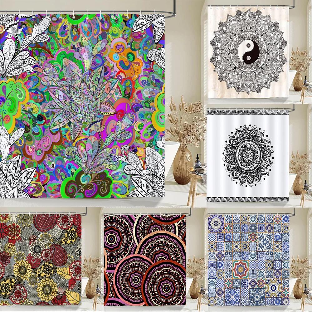 Indian  Bohemian Fabric Shower Curtain Bathroom Curtains Boho Mandala Waterproof Fabric Bath Screen Bathtub Decor with 12 Hooks