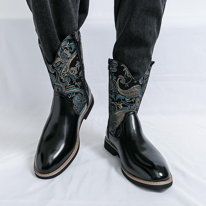 

Мужские вышитые ковбойские сапоги в западном стиле, повседневные высокие черные ретро-платье, кожаные сапоги до середины икры, большого размера EU:38 чёрный