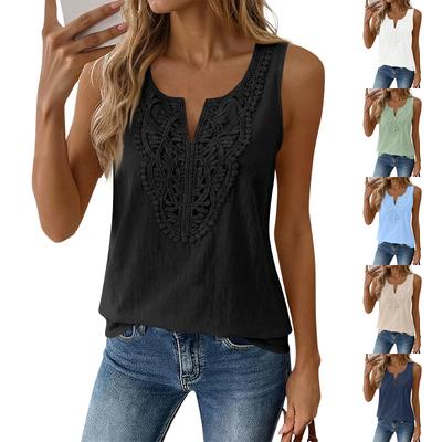 Womens Sleeveless Tank Tops Summer V Neck Linen Shirts Lace Boho Vacation Blouse Clothes